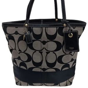 Coach Signature Print Canvas Leather Tote Bag Gray Black Handbag Shoulder Bag